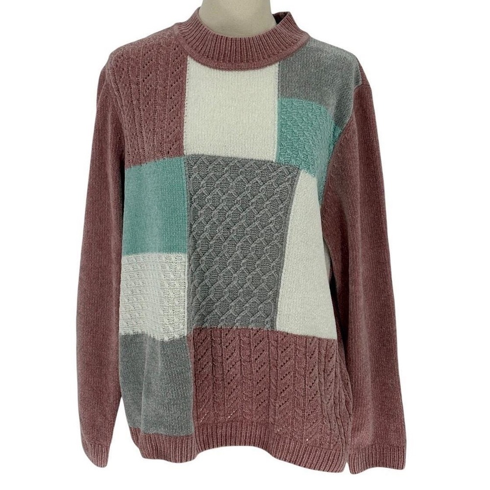 Alfred Dunner Patchwork Chenille Sweater Mock Neck Long Sleeve Women's Large